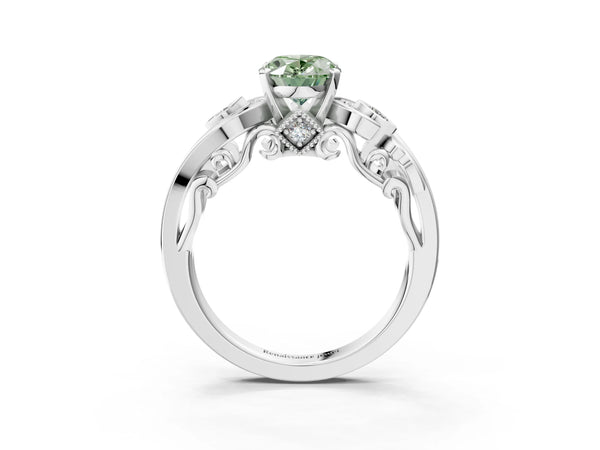White Gold Oval Vintage Swirl Engagement Ring Setting for Fancy Green Center with Bezel Side Accents