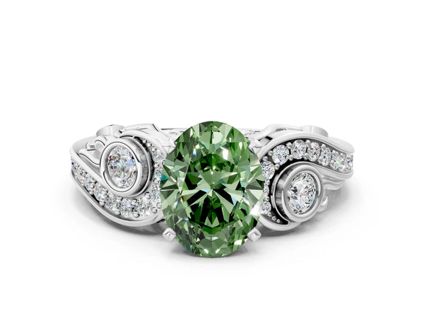 Platinum Fancy Green Oval Cut Diamond Solitaire Ring with Milgrain Pavé Band and Four-Prong Setting