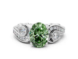 White gold Fancy Green Oval Cut Diamond Solitaire Ring with Milgrain Pavé Band and Four-Prong Setting_260