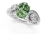 White gold Fancy Green Oval Cut Diamond Solitaire Ring with Milgrain Pavé Band and Four-Prong Setting_261