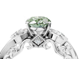 White gold Fancy Green Oval Cut Diamond Solitaire Ring with Milgrain Pavé Band and Four-Prong Setting_264