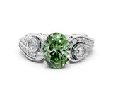 White gold Fancy Green Oval Cut Diamond Solitaire Ring with Milgrain Pavé Band and Four-Prong Setting_272