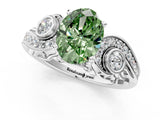 White gold Fancy Green Oval Cut Diamond Solitaire Ring with Milgrain Pavé Band and Four-Prong Setting_273