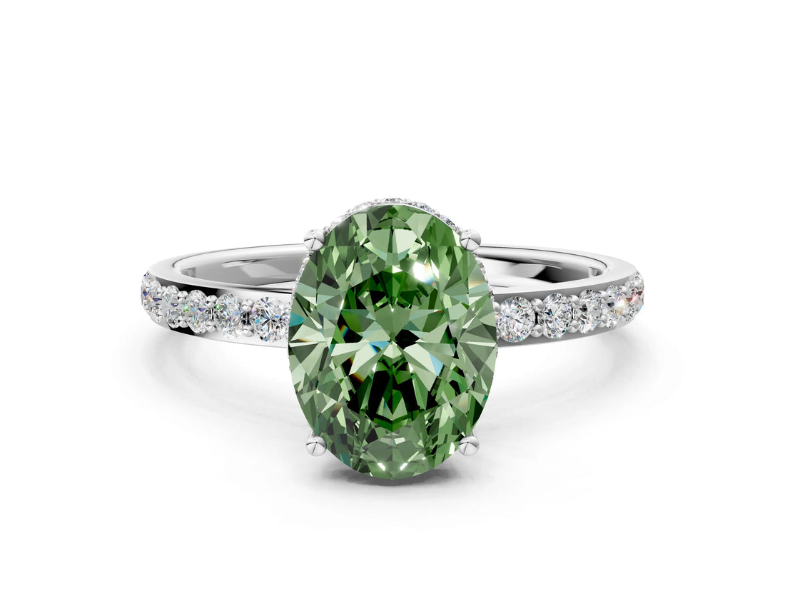 White gold Fancy Green Oval Cut Diamond Solitaire Ring with Pavé Band and Hidden Halo_27