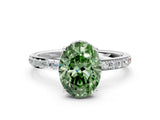 White gold Fancy Green Oval Cut Diamond Solitaire Ring with Pavé Band and Hidden Halo_27