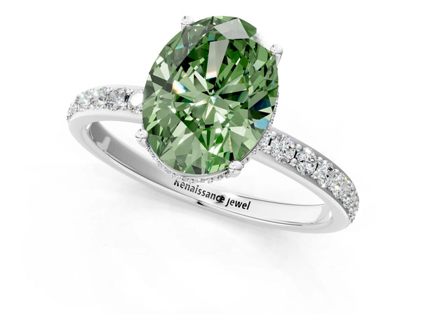 White gold Fancy Green Oval Cut Diamond Solitaire Ring with Pavé Band and Hidden Halo