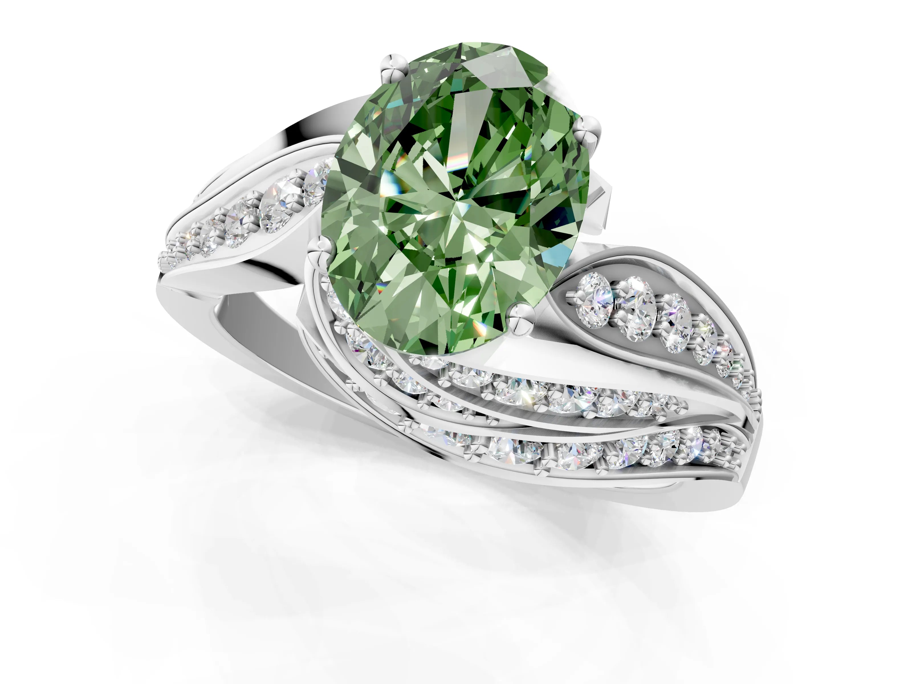 White gold Fancy Green Oval Cut Diamond Solitaire Ring with Prong Setting and Twisted Pavé Band_1