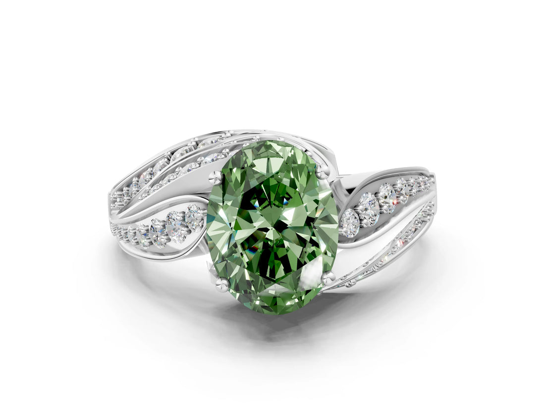 White gold Fancy Green Oval Cut Diamond Solitaire Ring with Prong Setting and Twisted Pavé Band_12