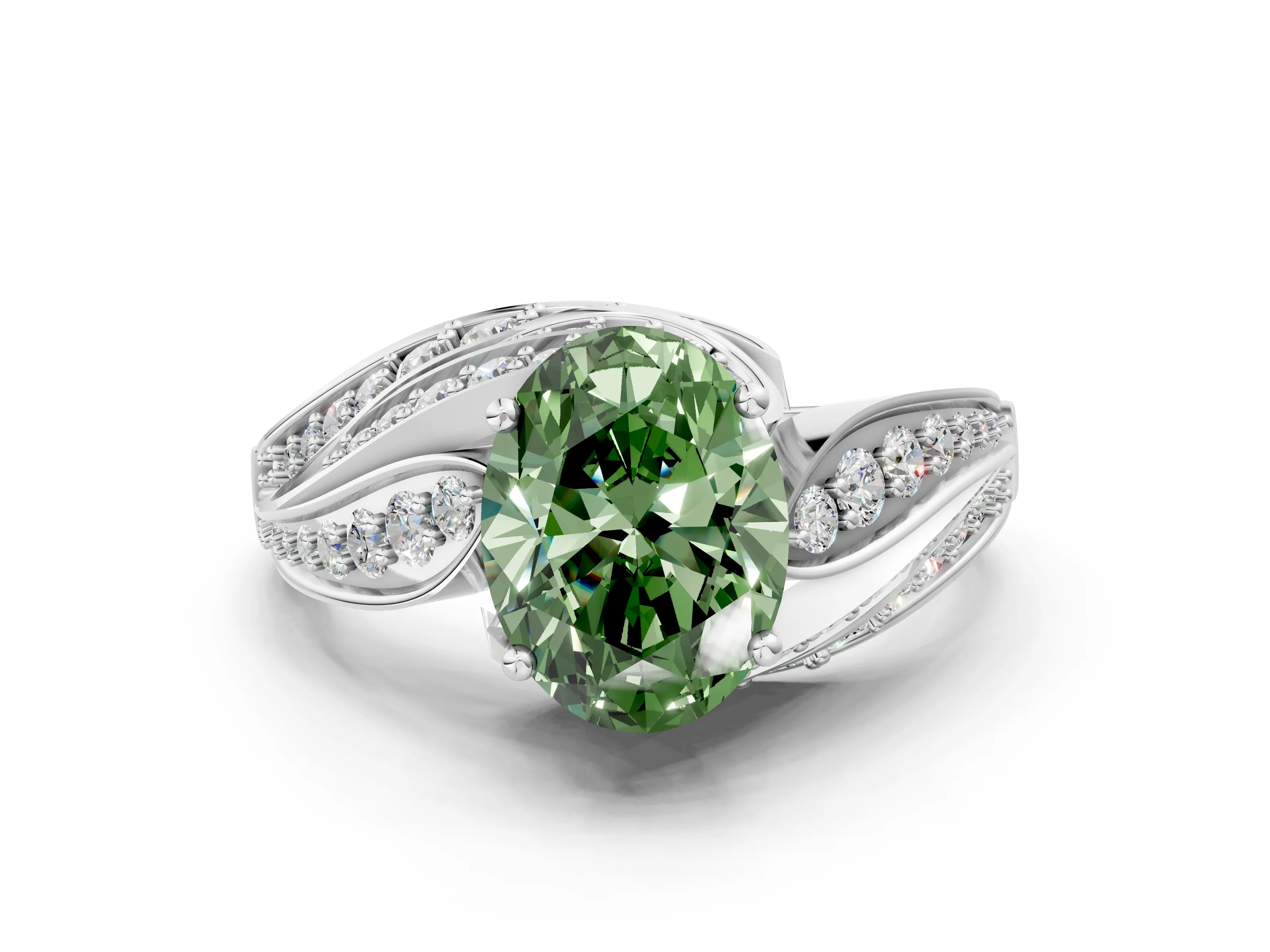 White gold Fancy Green Oval Cut Diamond Solitaire Ring with Prong Setting and Twisted Pavé Band_12