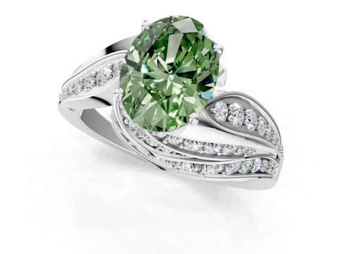 White gold Fancy Green Oval Cut Diamond Solitaire Ring with Prong Setting and Twisted Pavé Band_13