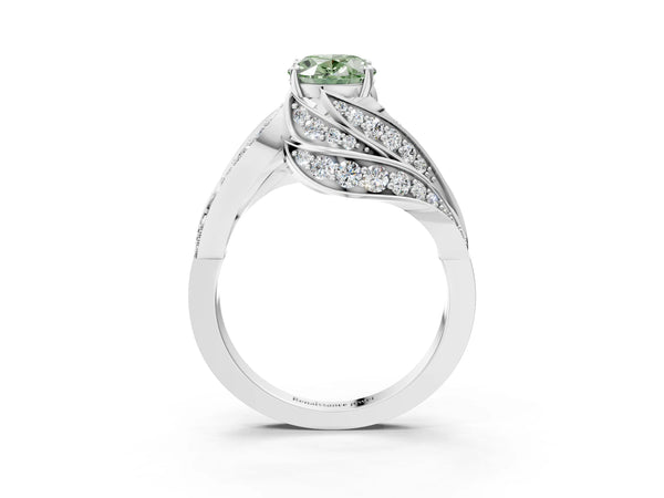 Platinum Fancy Green Oval Cut Diamond Solitaire Ring with Prong Setting and Twisted Pavé Band