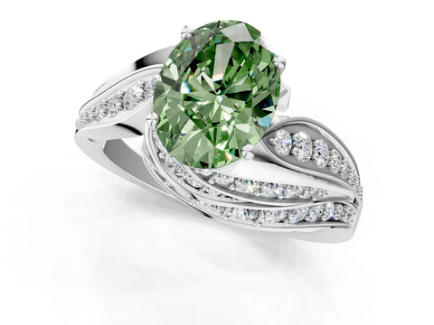 White gold Fancy Green Oval Cut Diamond Solitaire Ring with Prong Setting and Twisted Pavé Band_1