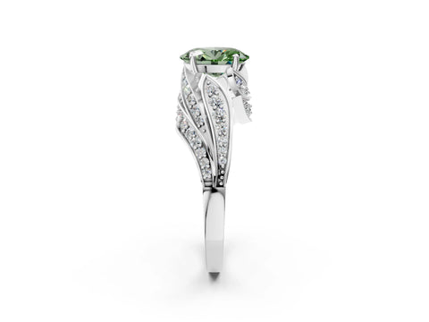 White gold Fancy Green Oval Cut Diamond Solitaire Ring with Prong Setting and Twisted Pavé Band_2