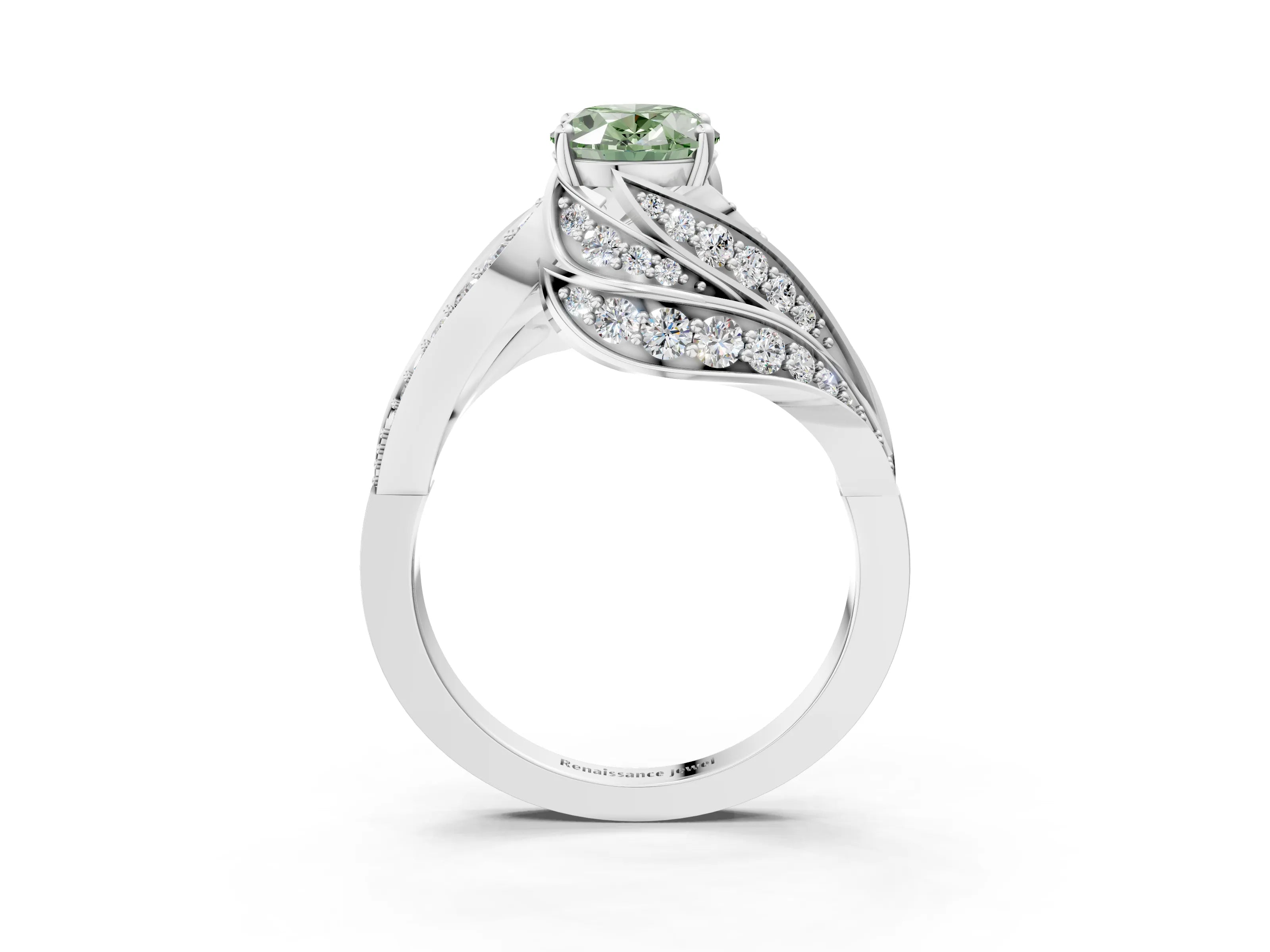 White gold Fancy Green Oval Cut Diamond Solitaire Ring with Prong Setting and Twisted Pavé Band_3