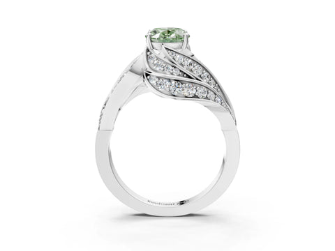 White gold Fancy Green Oval Cut Diamond Solitaire Ring with Prong Setting and Twisted Pavé Band_3