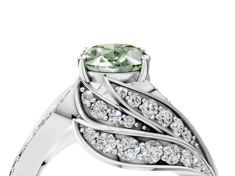 White gold Fancy Green Oval Cut Diamond Solitaire Ring with Prong Setting and Twisted Pavé Band_4