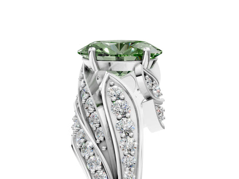 White gold Fancy Green Oval Cut Diamond Solitaire Ring with Prong Setting and Twisted Pavé Band_5