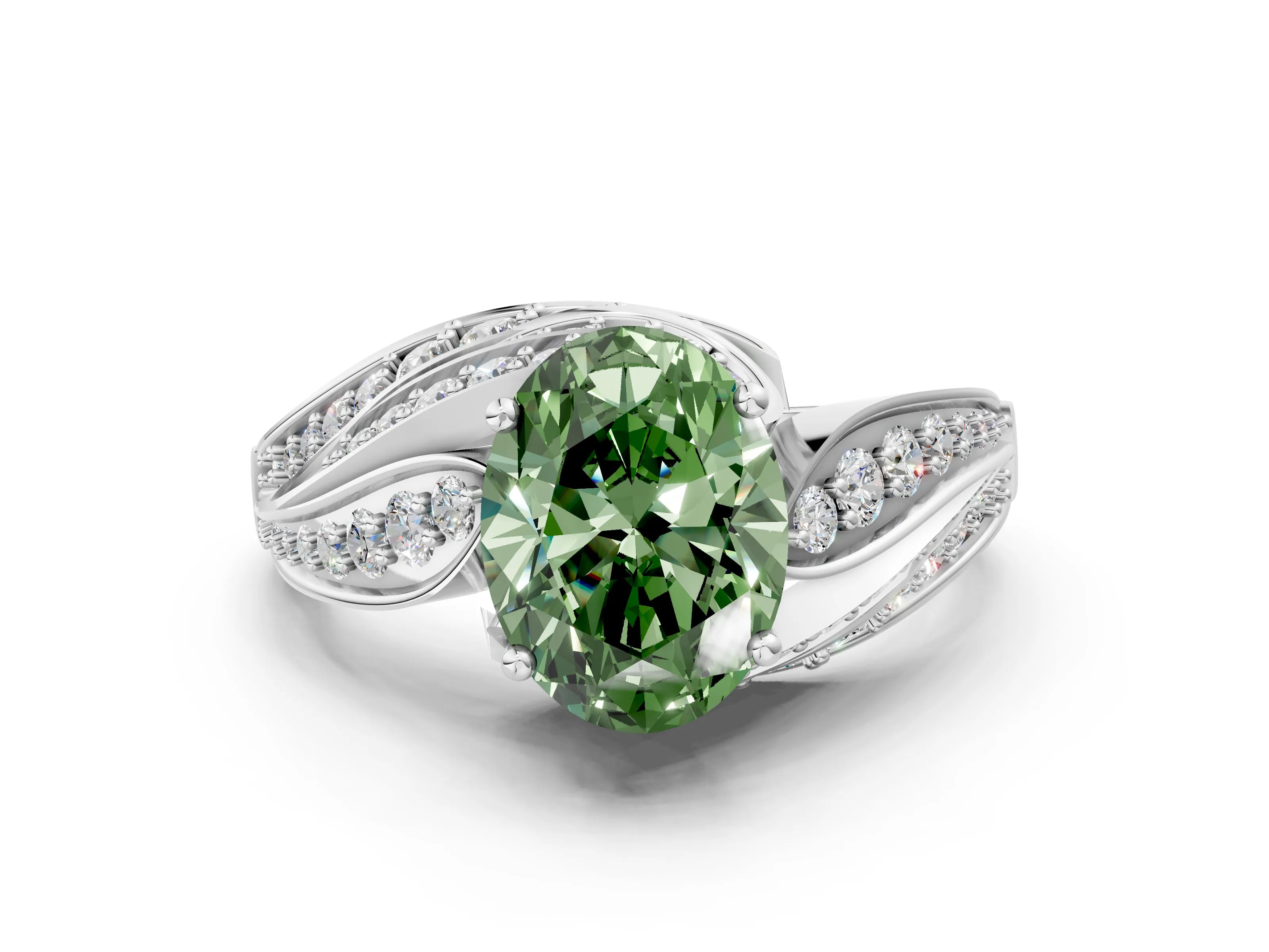 White gold Fancy Green Oval Cut Diamond Solitaire Ring with Prong Setting and Twisted Pavé Band