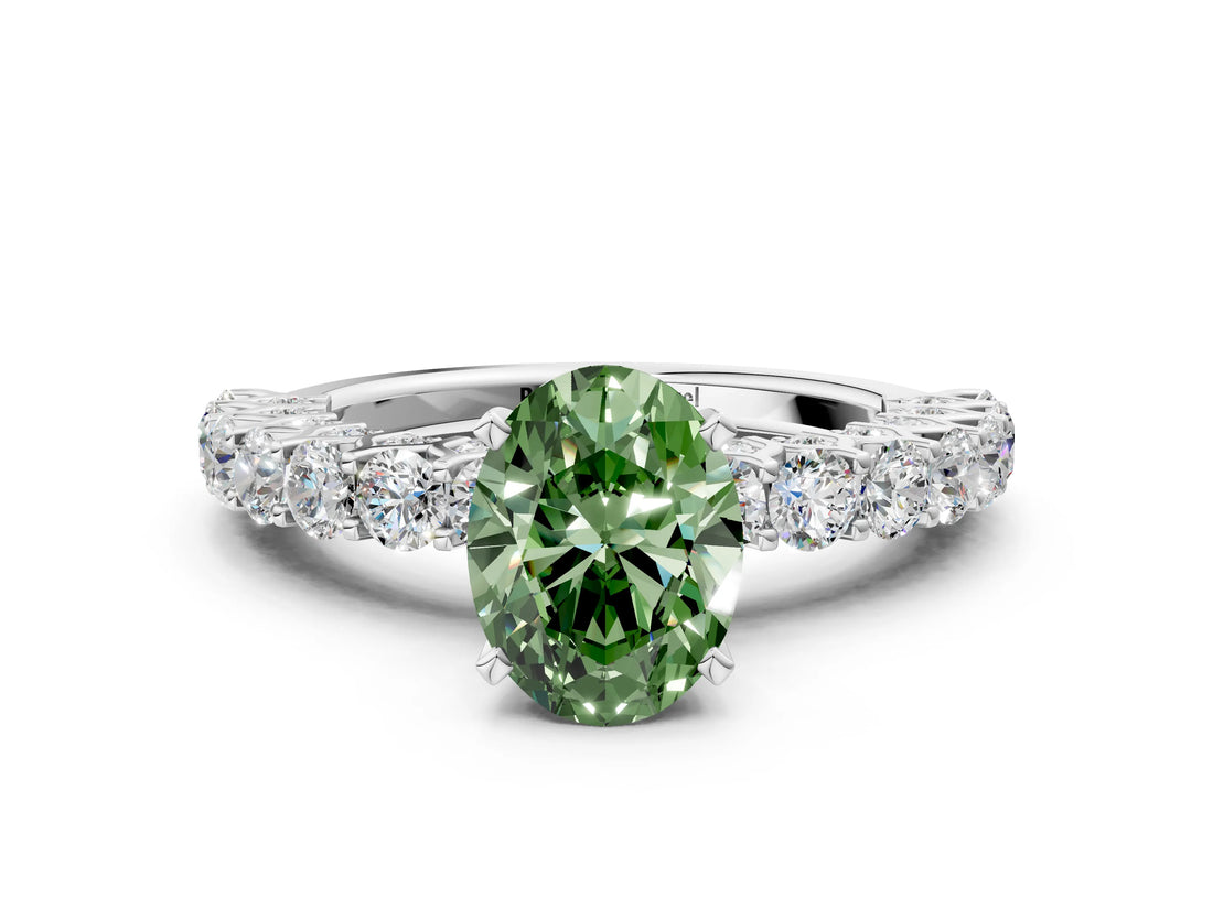 White gold Fancy Green Oval Cut Diamond Solitaire Ring with Shared Prong Pavé Band and Four-Prong Setting_70
