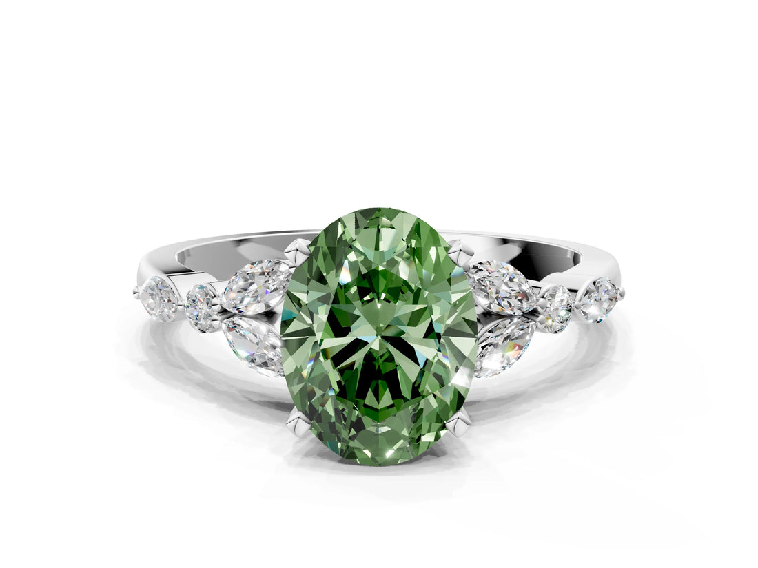 White gold Fancy Green Oval Cut Diamond Solitaire Ring with Side Stones and Four-Prong Setting_167