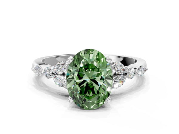 Platinum Fancy Green Oval Cut Diamond Solitaire Ring with Side Stones and Four-Prong Setting