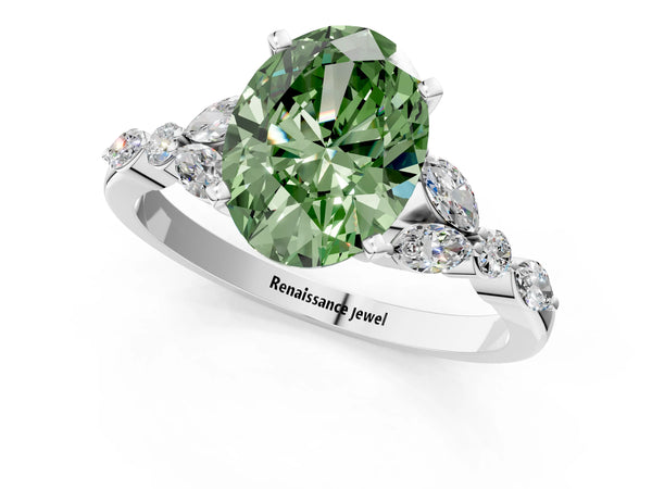 Platinum Fancy Green Oval Cut Diamond Solitaire Ring with Side Stones and Four-Prong Setting
