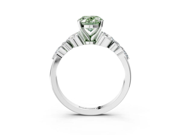 Platinum Fancy Green Oval Cut Diamond Solitaire Ring with Side Stones and Four-Prong Setting