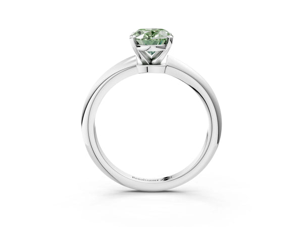 White gold Fancy Green Oval Cut Diamond Solitaire Ring with Six-Prong Setting and Classic Band