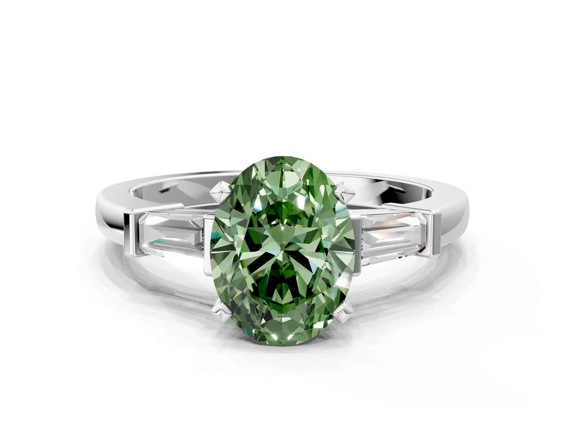 White gold Fancy Green Oval  Cut Diamond Solitaire Ring with Tapered Baguette Accents and Four-Prong Setting_75
