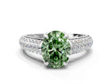 White gold Fancy Green Oval Cut Diamond Solitaire Ring with Three-Row Pavé Band and Four-Prong Setting_48