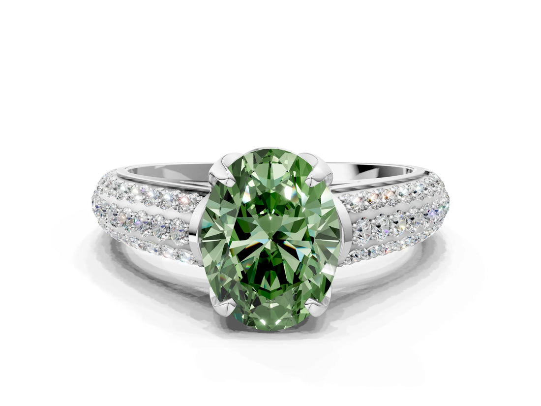 White gold Fancy Green Oval Cut Diamond Solitaire Ring with Three-Row Pavé Band and Four-Prong Setting_48
