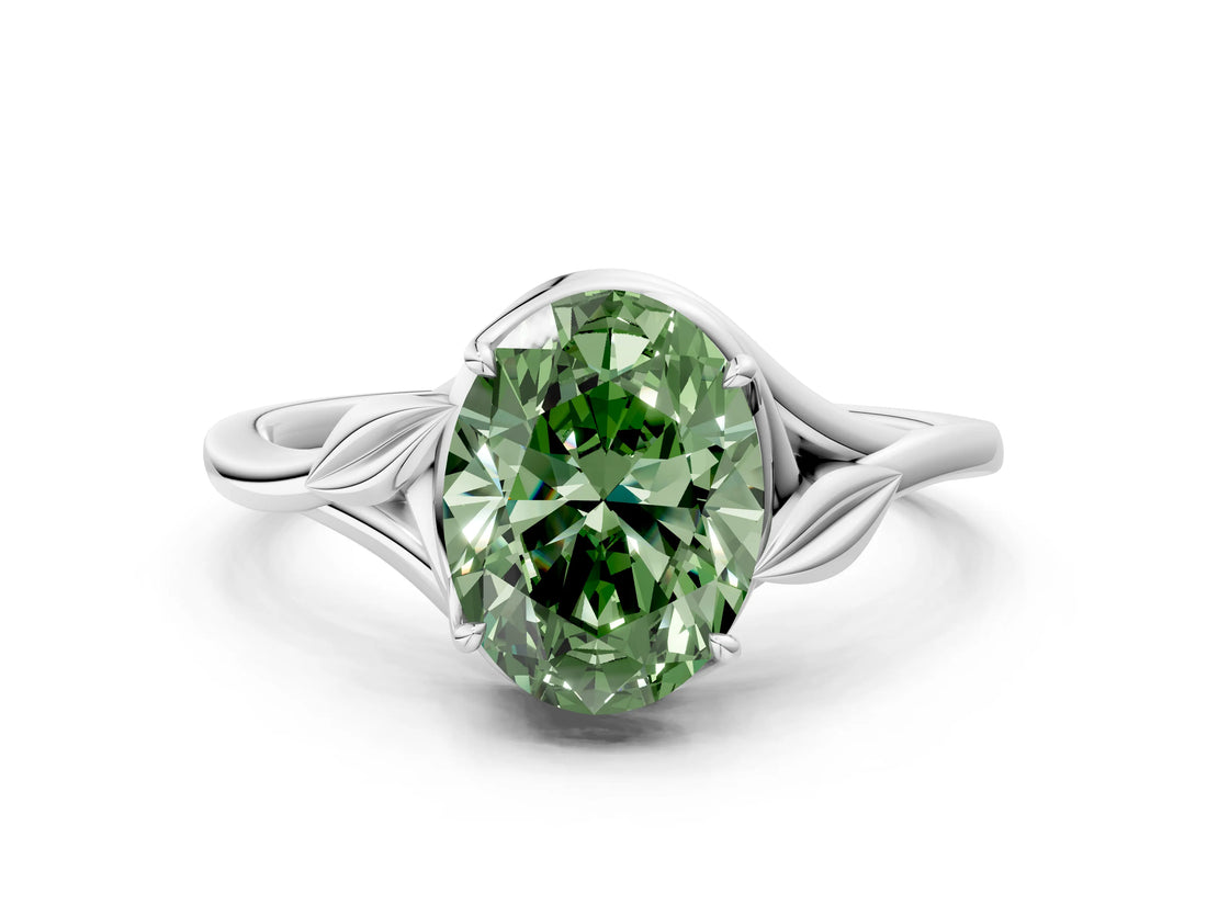 White gold Fancy Green Oval Cut Diamond Solitaire Ring with Twist Band and Four-Prong Setting_81