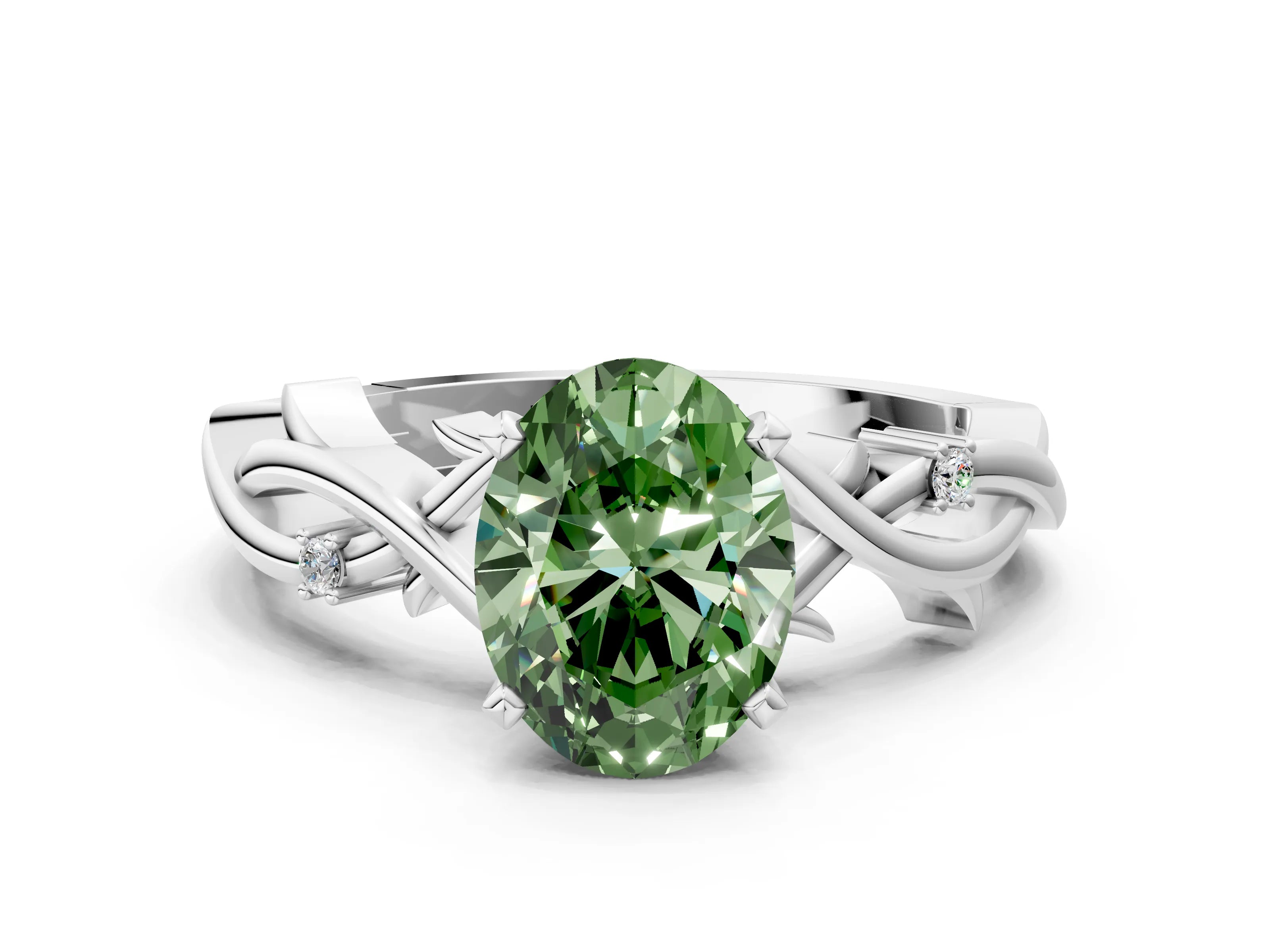 White gold Fancy Green Oval Cut Diamond Solitaire Ring with Twisted Band and Prong Setting_325