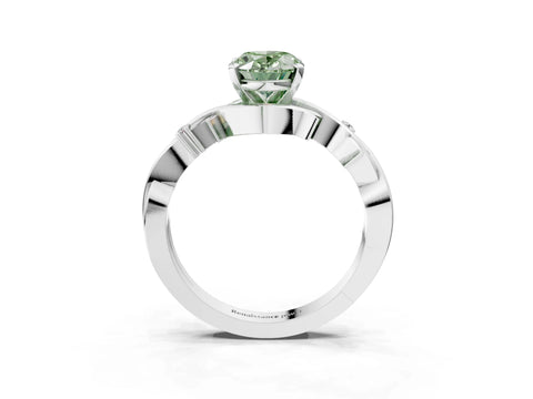 White gold Fancy Green Oval Cut Diamond Solitaire Ring with Twisted Band and Prong Setting_328