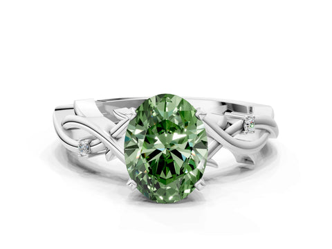 White gold Fancy Green Oval Cut Diamond Solitaire Ring with Twisted Band and Prong Setting_331