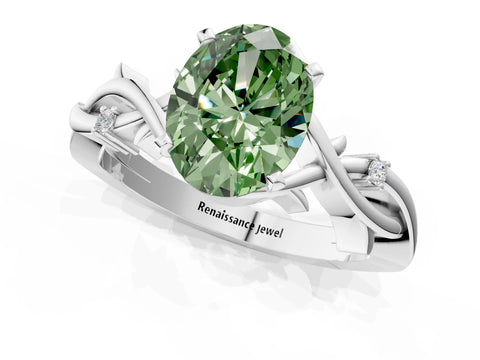 White gold Fancy Green Oval Cut Diamond Solitaire Ring with Twisted Band and Prong Setting_333