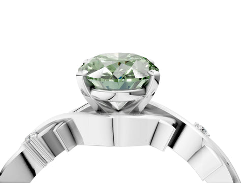 White gold Fancy Green Oval Cut Diamond Solitaire Ring with Twisted Band and Prong Setting_342