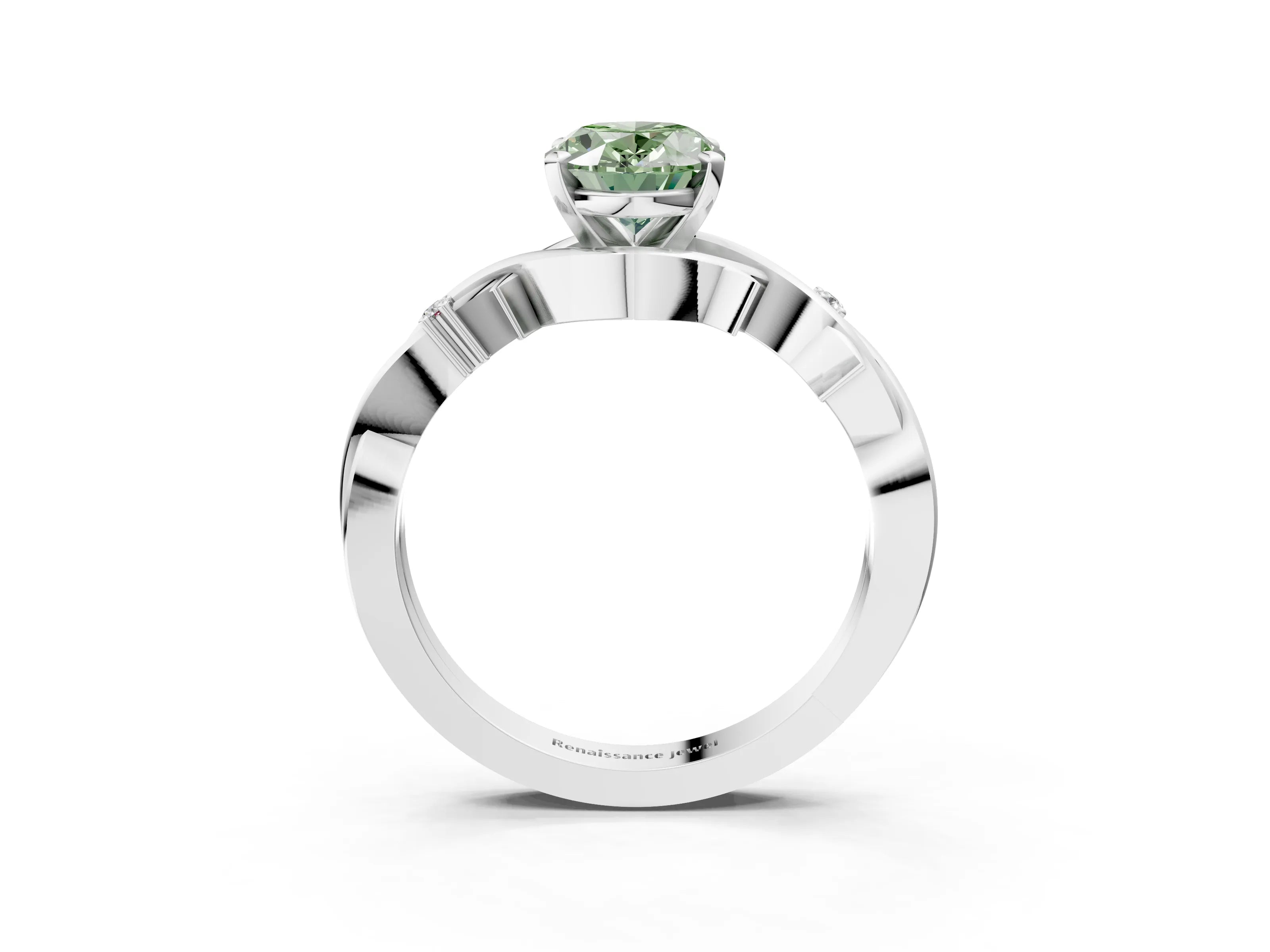 White gold Fancy Green Oval Cut Diamond Solitaire Ring with Twisted Band and Prong Setting_347