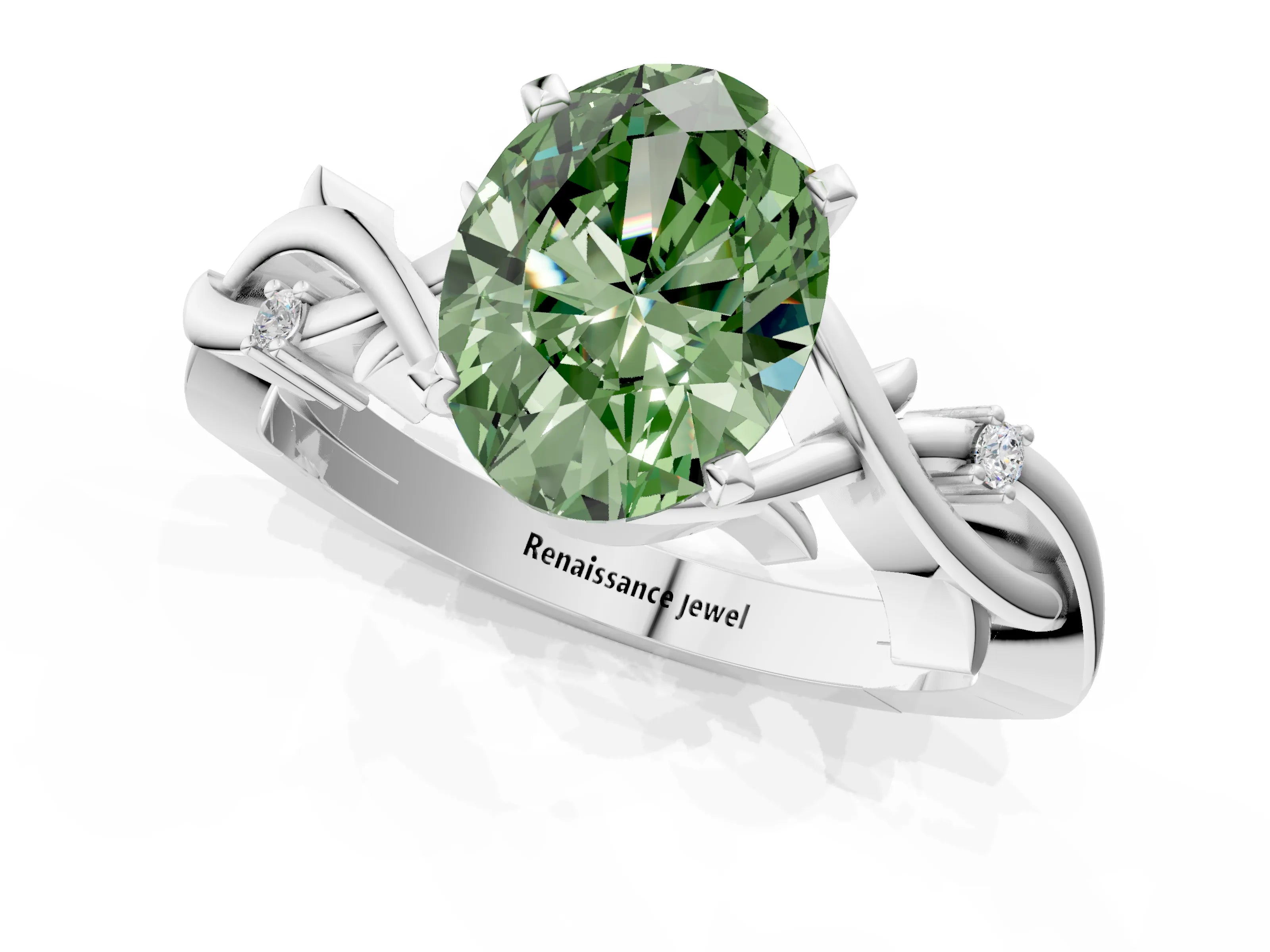 White gold Fancy Green Oval Cut Diamond Solitaire Ring with Twisted Band and Prong Setting_349