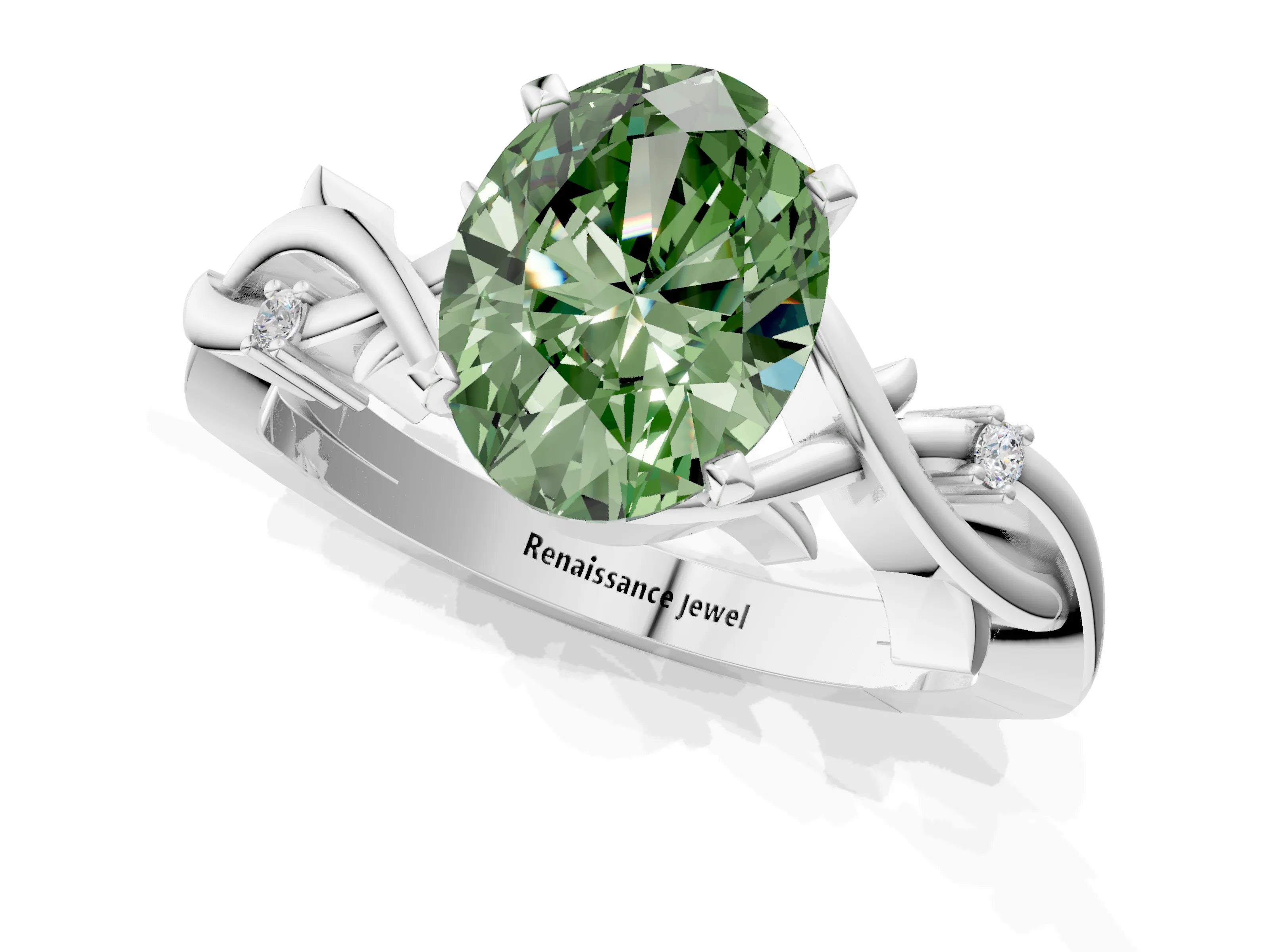 White gold Fancy Green Oval Cut Diamond Solitaire Ring with Twisted Band and Prong Setting_351