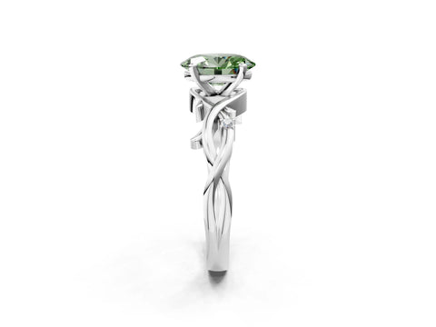 White gold Fancy Green Oval Cut Diamond Solitaire Ring with Twisted Band and Prong Setting_352
