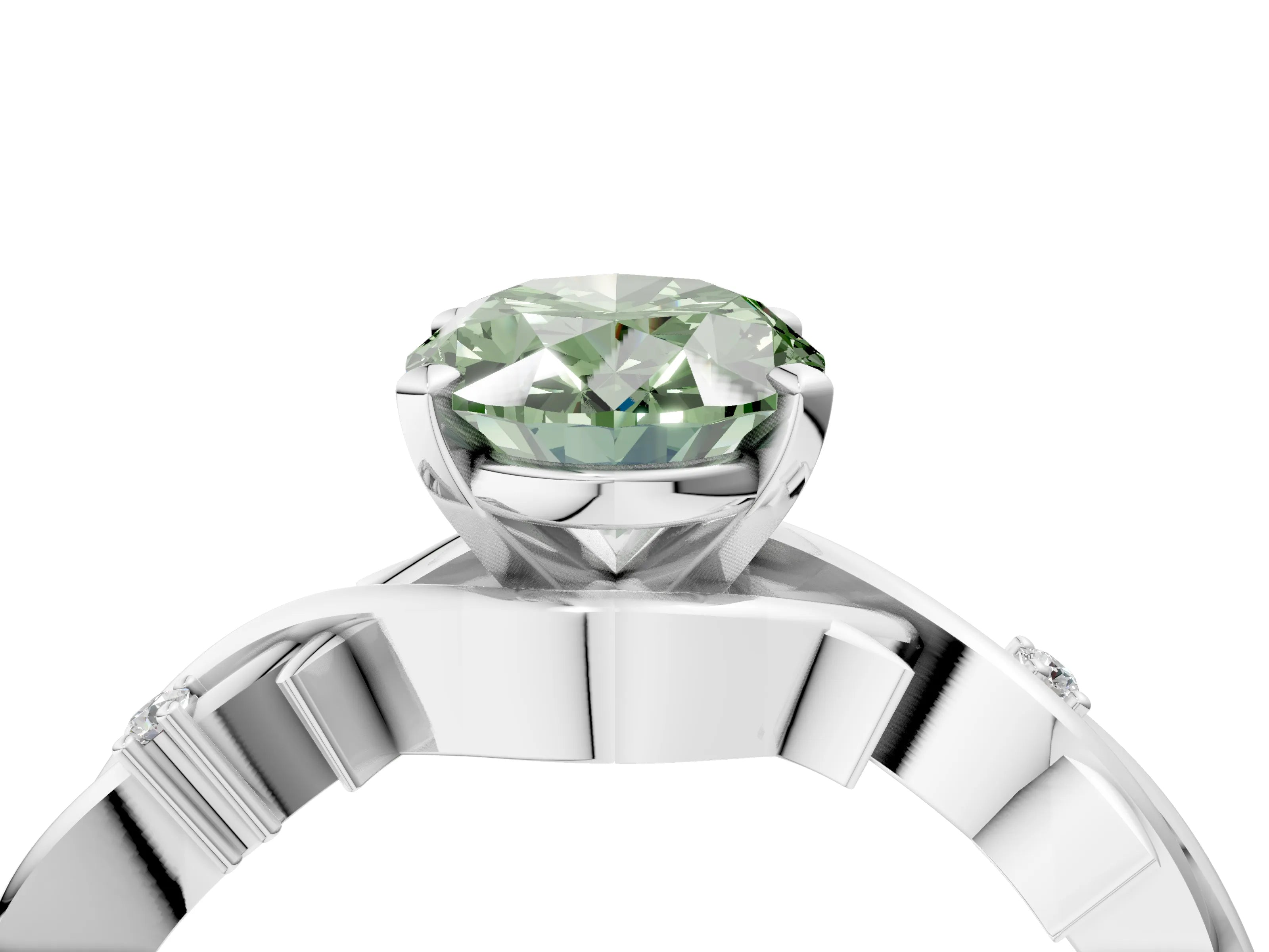 White gold Fancy Green Oval Cut Diamond Solitaire Ring with Twisted Band and Prong Setting_354