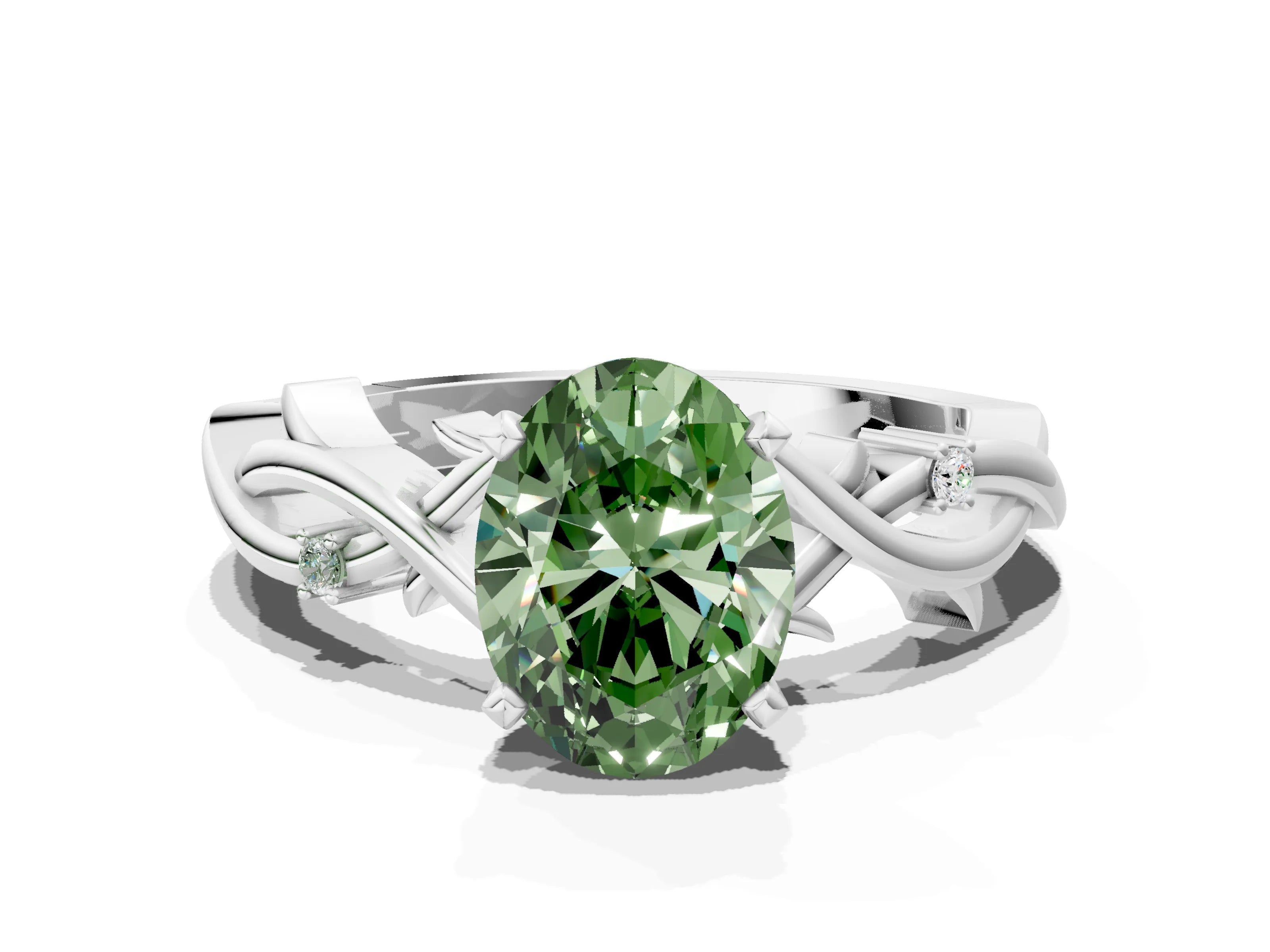 White gold Fancy Green Oval Cut Diamond Solitaire Ring with Twisted Band and Prong Setting_360