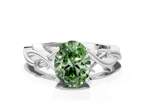 White gold Fancy Green Oval Cut Diamond Solitaire Ring with Twisted Band and Prong Setting_360