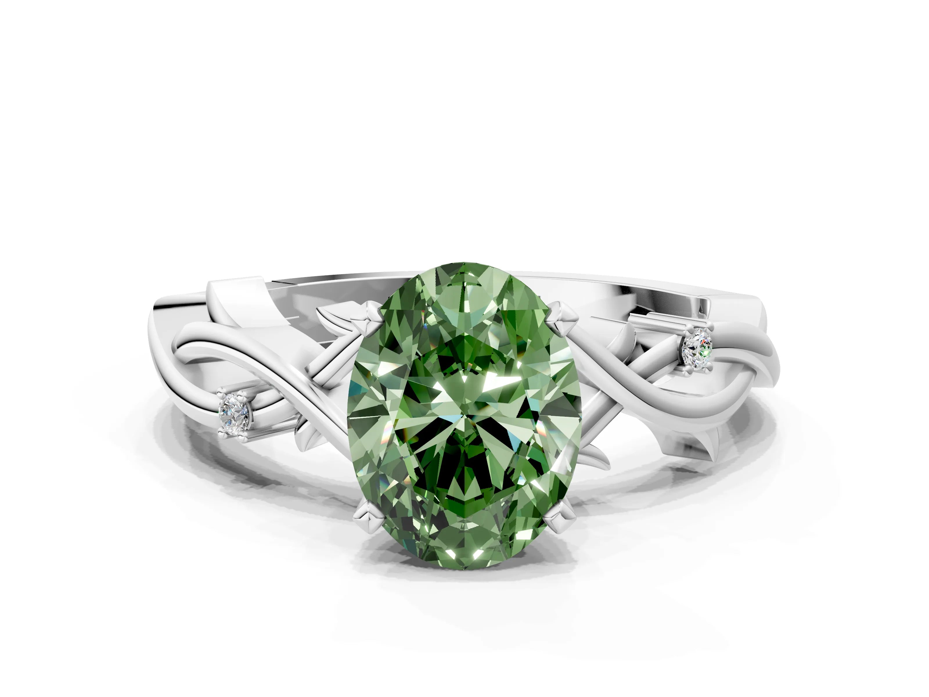 White gold Fancy Green Oval Cut Diamond Solitaire Ring with Twisted Band and Prong Setting_366