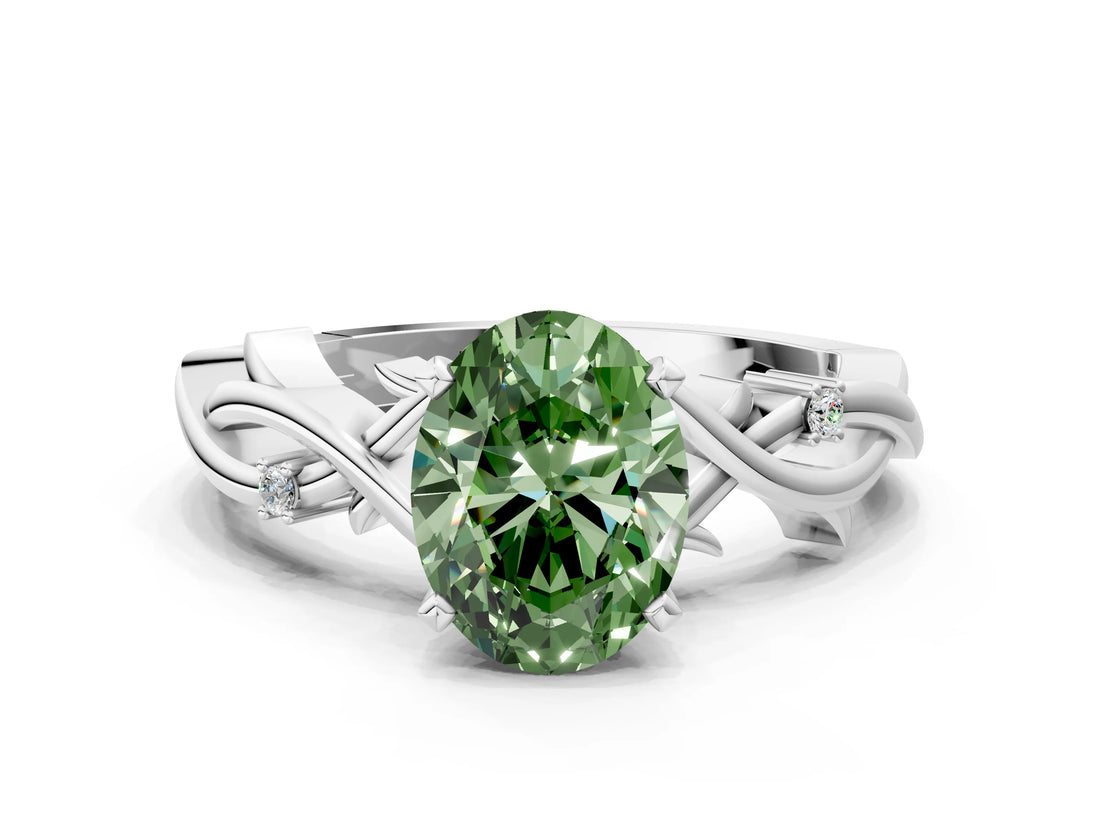 White gold Fancy Green Oval Cut Diamond Solitaire Ring with Twisted Band and Prong Setting_372