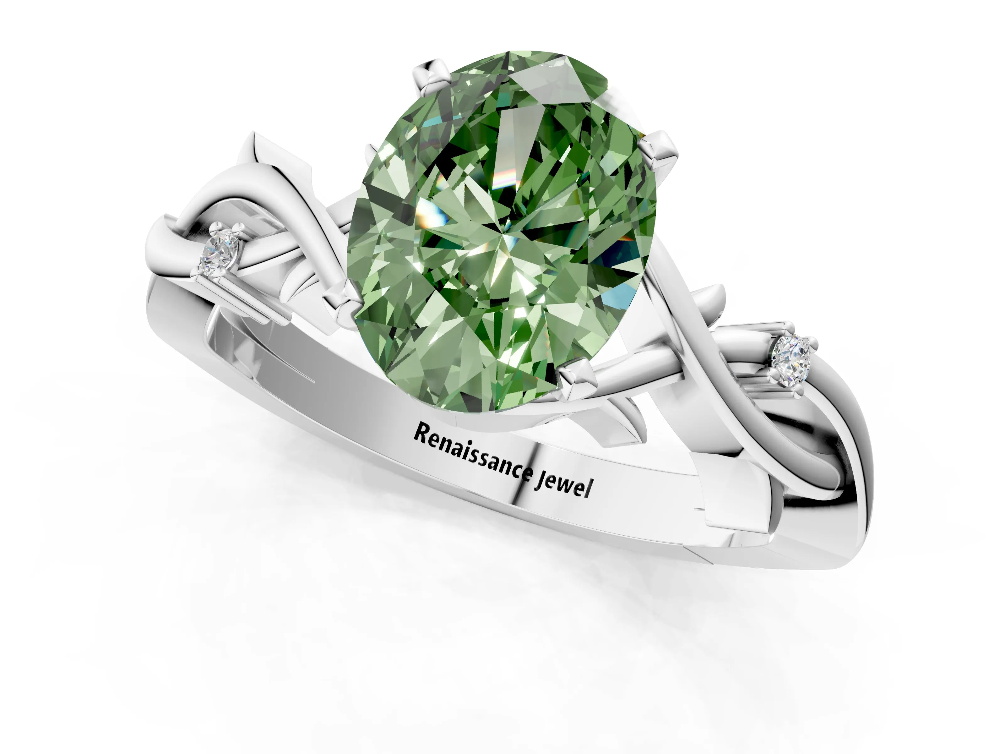 White gold Fancy Green Oval Cut Diamond Solitaire Ring with Twisted Band and Prong Setting_373