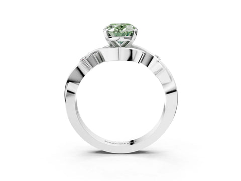 White gold Fancy Green Oval Cut Diamond Solitaire Ring with Twisted Band and Prong Setting_375