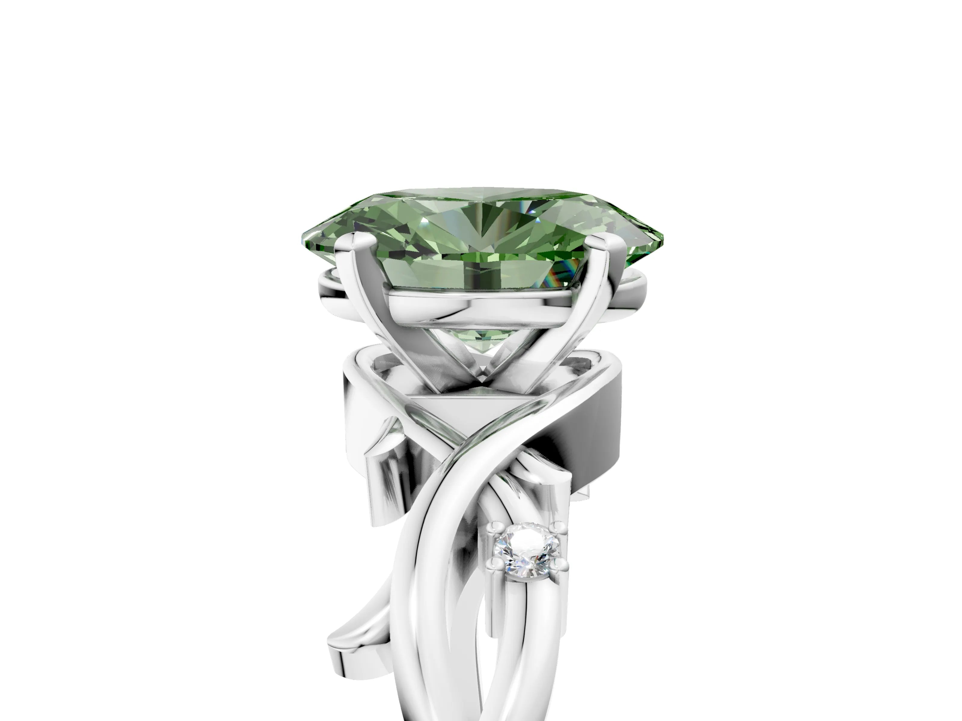 White gold Fancy Green Oval Cut Diamond Solitaire Ring with Twisted Band and Prong Setting_377