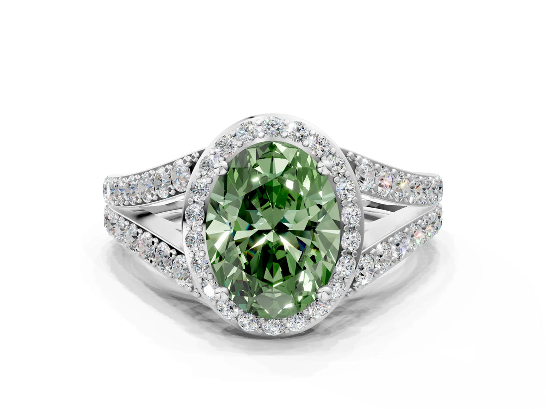 White gold Fancy Green Oval Cut Diamond Split Shank Halo Ring with Four-Prong Setting_70